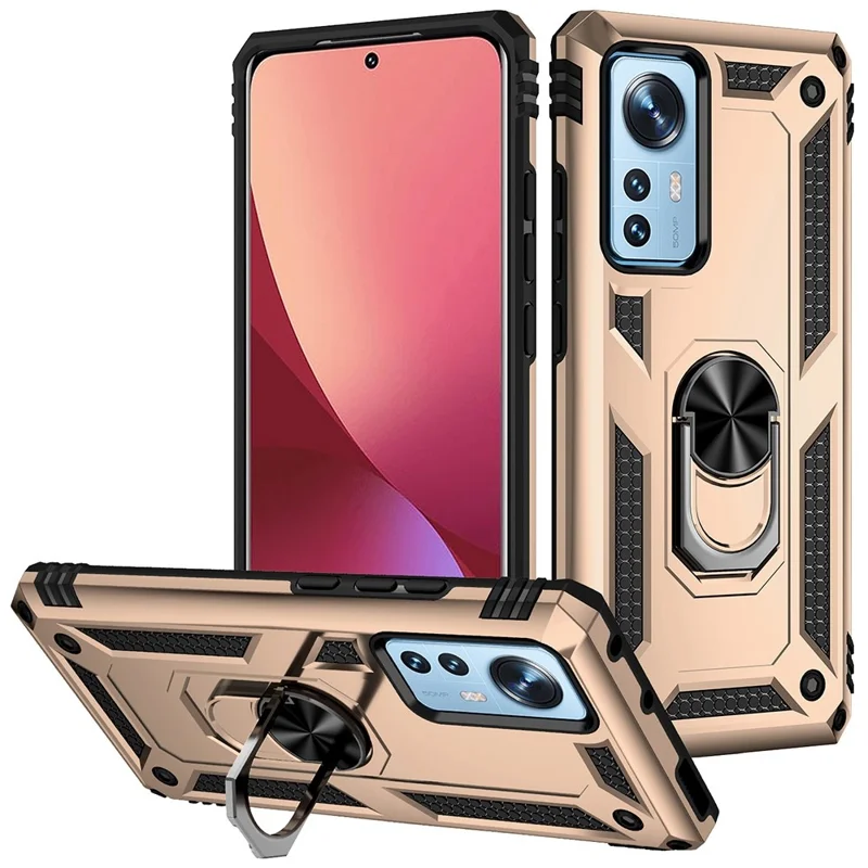 For Xiaomi 12 Pro 5G/12S Pro 5G/12 Pro (Dimensity) 5G Phone Case with Rotatable Ring Kickstand, Impact-resistant Hard PC Soft TPU Protective Cover - Gold