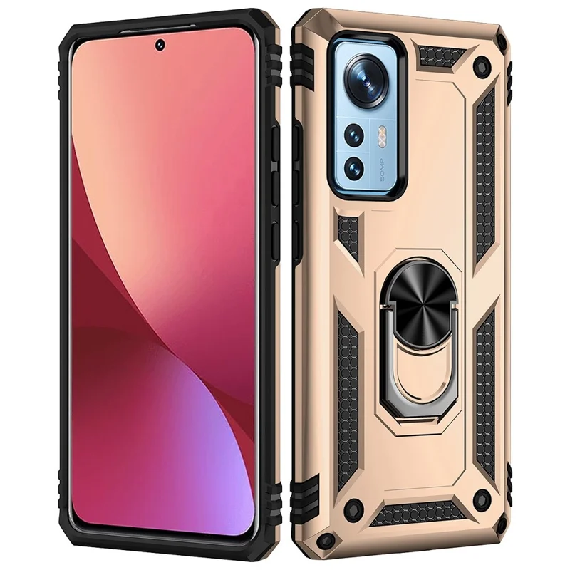 For Xiaomi 12 Pro 5G/12S Pro 5G/12 Pro (Dimensity) 5G Phone Case with Rotatable Ring Kickstand, Impact-resistant Hard PC Soft TPU Protective Cover - Gold
