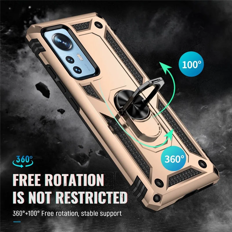 For Xiaomi 12 Pro 5G/12S Pro 5G/12 Pro (Dimensity) 5G Phone Case with Rotatable Ring Kickstand, Impact-resistant Hard PC Soft TPU Protective Cover - Gold