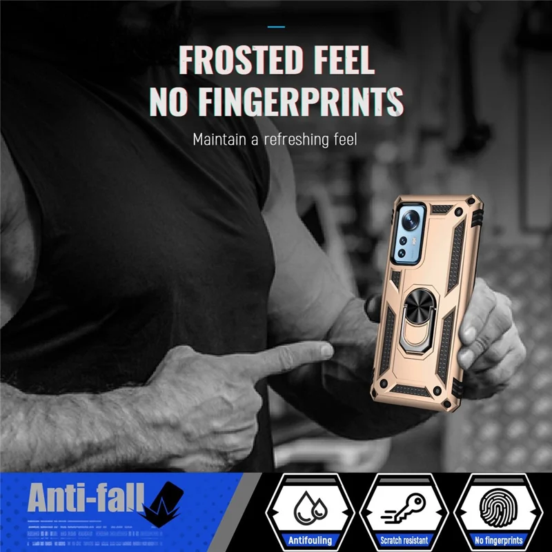 For Xiaomi 12 Pro 5G/12S Pro 5G/12 Pro (Dimensity) 5G Phone Case with Rotatable Ring Kickstand, Impact-resistant Hard PC Soft TPU Protective Cover - Gold