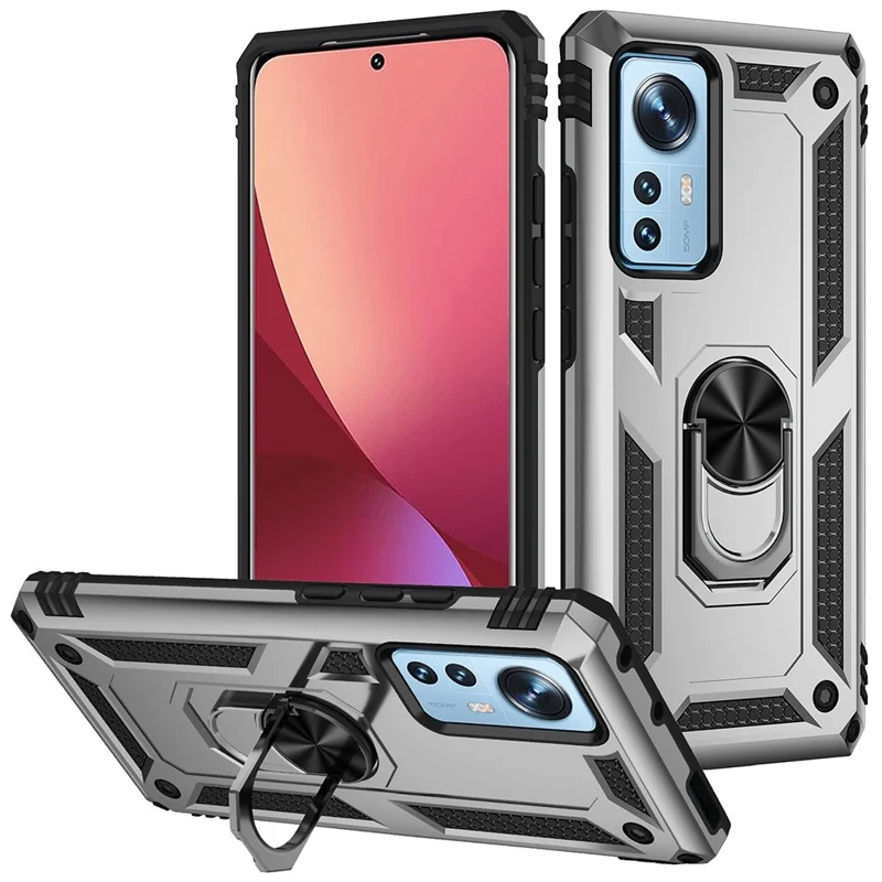 For Xiaomi 12 Pro 5G/12S Pro 5G/12 Pro (Dimensity) 5G Phone Case with Rotatable Ring Kickstand, Impact-resistant Hard PC Soft TPU Protective Cover - Silver