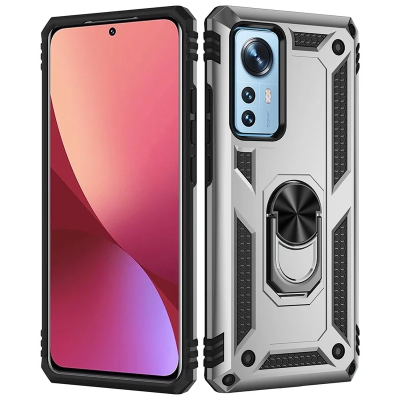 For Xiaomi 12 Pro 5G/12S Pro 5G/12 Pro (Dimensity) 5G Phone Case with Rotatable Ring Kickstand, Impact-resistant Hard PC Soft TPU Protective Cover - Silver