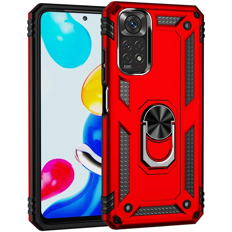 For Xiaomi Redmi Note 11S 4G/Note 11 4G (Qualcomm) Phone Case Anti-Scratch Shockproof Hard PC Soft TPU Protective Cover with Rotatable Ring Kickstand - Red