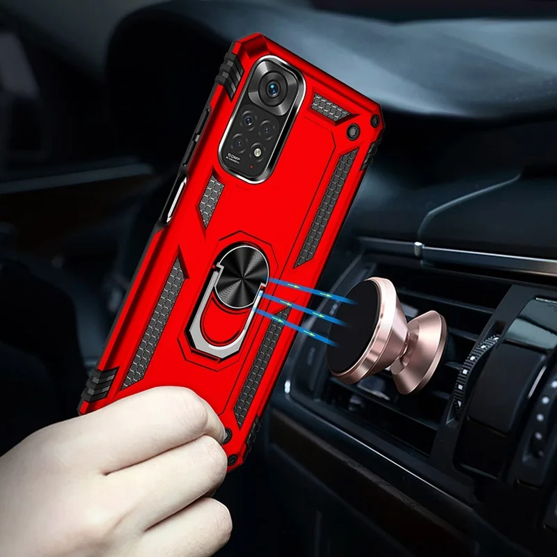 For Xiaomi Redmi Note 11S 4G/Note 11 4G (Qualcomm) Phone Case Anti-Scratch Shockproof Hard PC Soft TPU Protective Cover with Rotatable Ring Kickstand - Red