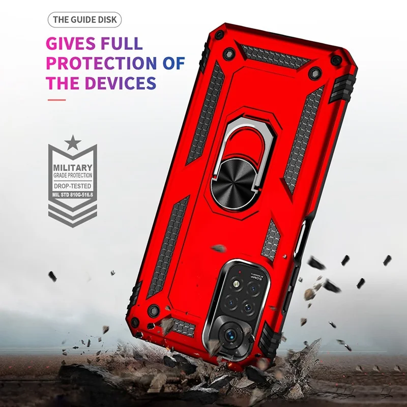 For Xiaomi Redmi Note 11S 4G/Note 11 4G (Qualcomm) Phone Case Anti-Scratch Shockproof Hard PC Soft TPU Protective Cover with Rotatable Ring Kickstand - Red