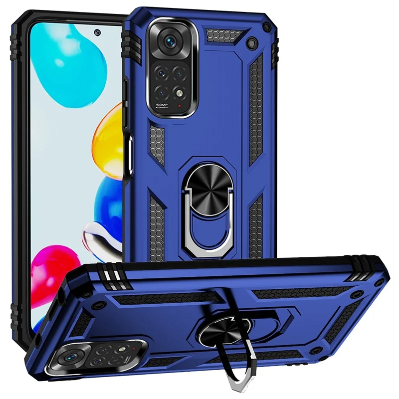 For Xiaomi Redmi Note 11S 4G/Note 11 4G (Qualcomm) Phone Case Anti-Scratch Shockproof Hard PC Soft TPU Protective Cover with Rotatable Ring Kickstand - Blue