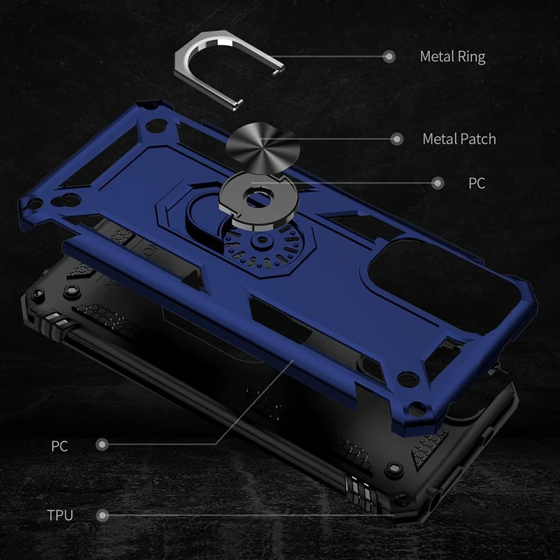 For Xiaomi Redmi Note 11S 4G/Note 11 4G (Qualcomm) Phone Case Anti-Scratch Shockproof Hard PC Soft TPU Protective Cover with Rotatable Ring Kickstand - Blue