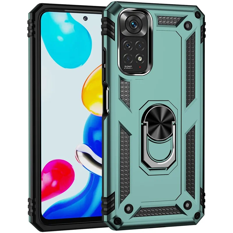 For Xiaomi Redmi Note 11S 4G/Note 11 4G (Qualcomm) Phone Case Anti-Scratch Shockproof Hard PC Soft TPU Protective Cover with Rotatable Ring Kickstand - Blackish Green