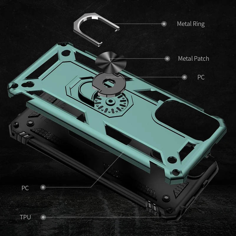 For Xiaomi Redmi Note 11S 4G/Note 11 4G (Qualcomm) Phone Case Anti-Scratch Shockproof Hard PC Soft TPU Protective Cover with Rotatable Ring Kickstand - Blackish Green