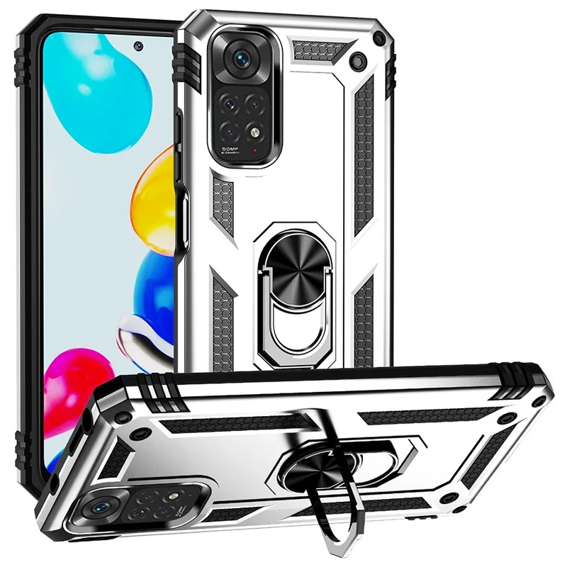 غطاء هاتف لـ Xiaomi Redmi Note 11S 4G/Note 11 4G (Qualcomm) مقاوم للصدمات والخدوش مصنوع من مادة PC صلبة وTPU لينة مع حامل حلقة دوارة - فضي