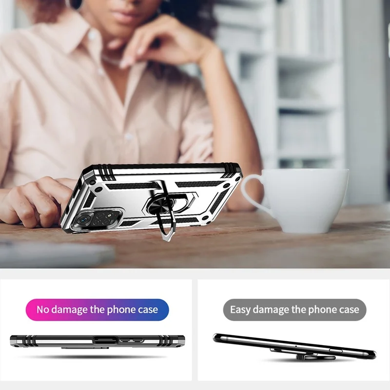 غطاء هاتف لـ Xiaomi Redmi Note 11S 4G/Note 11 4G (Qualcomm) مقاوم للصدمات والخدوش مصنوع من مادة PC صلبة وTPU لينة مع حامل حلقة دوارة - فضي