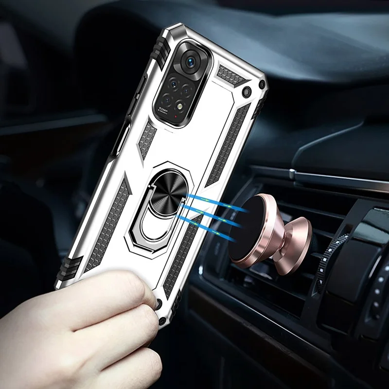 غطاء هاتف لـ Xiaomi Redmi Note 11S 4G/Note 11 4G (Qualcomm) مقاوم للصدمات والخدوش مصنوع من مادة PC صلبة وTPU لينة مع حامل حلقة دوارة - فضي