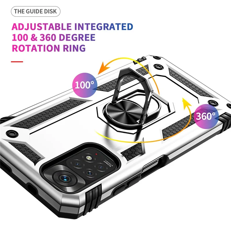 غطاء هاتف لـ Xiaomi Redmi Note 11S 4G/Note 11 4G (Qualcomm) مقاوم للصدمات والخدوش مصنوع من مادة PC صلبة وTPU لينة مع حامل حلقة دوارة - فضي