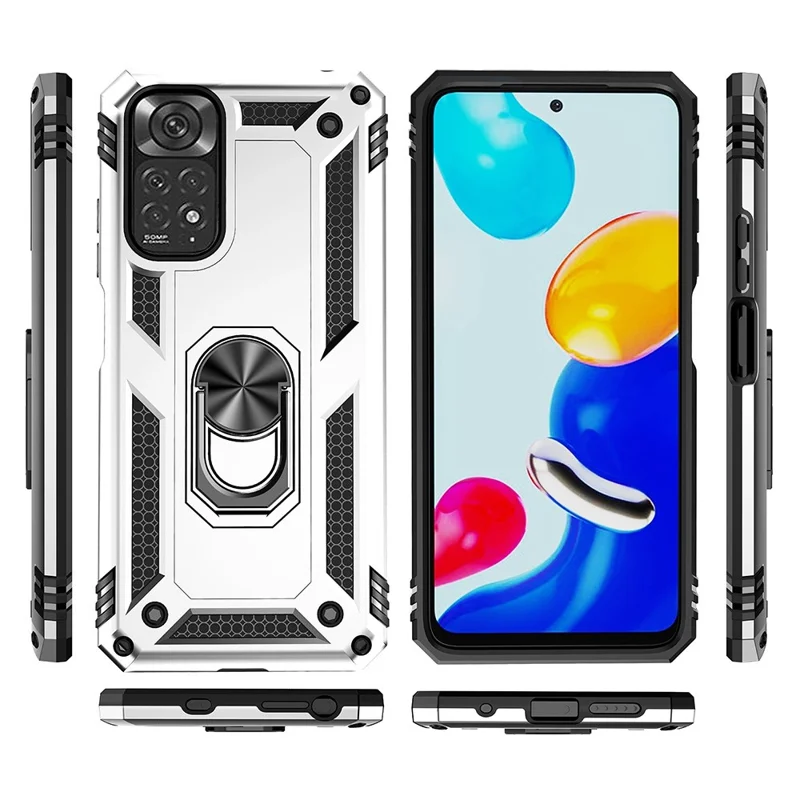 غطاء هاتف لـ Xiaomi Redmi Note 11S 4G/Note 11 4G (Qualcomm) مقاوم للصدمات والخدوش مصنوع من مادة PC صلبة وTPU لينة مع حامل حلقة دوارة - فضي