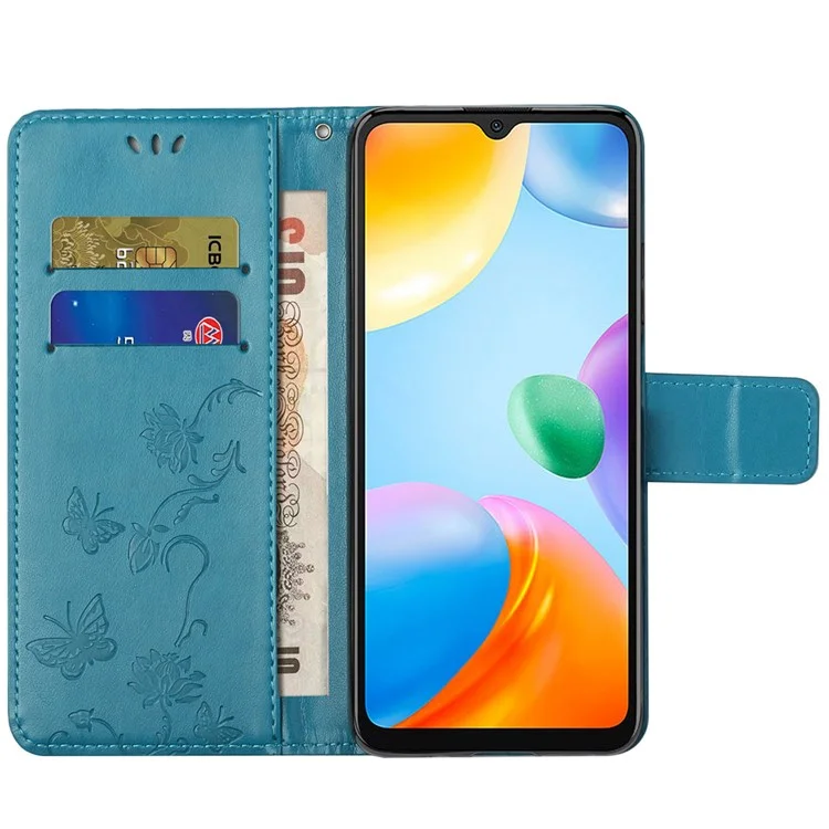 Para Xiaomi Redmi 10C Borboleta Flor Impressa Couro PU Magnética Fecho Telefone Carteira Stand Cover - Azul