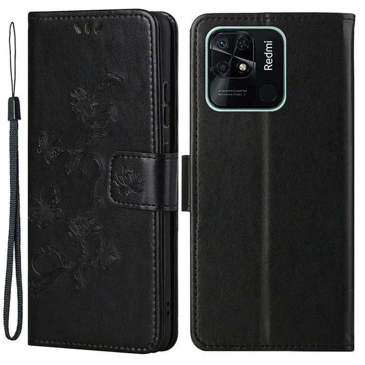For Xiaomi Redmi 10C 4G Butterfly Flower Imprinted PU Leather Magnetic Clasp Phone Case Wallet Stand Cover - Black