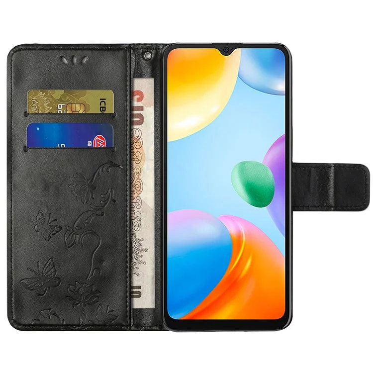 For Xiaomi Redmi 10C 4G Butterfly Flower Imprinted PU Leather Magnetic Clasp Phone Case Wallet Stand Cover - Black