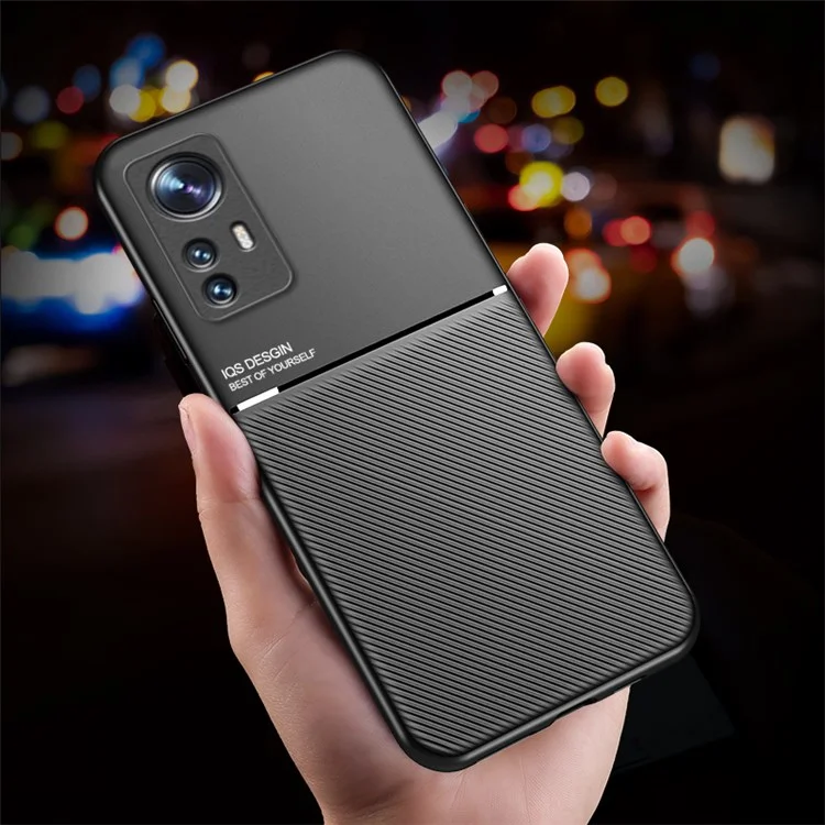 For Xiaomi 12/12X/12S 5G Car Mount Metal Sheet Imprinted Phone Case PU Leather + TPU Shockproof Cover - Blue
