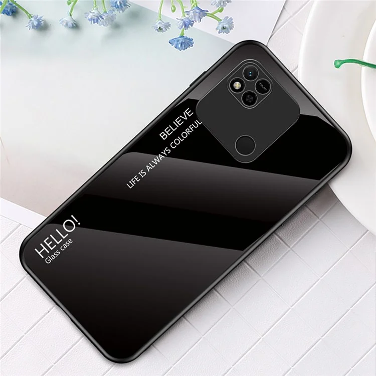 Pour Xiaomi Redmi 10A Gradient Color Tempered Glass Case Hard PC Soft TPU Frame Scratch-Resistant Cover Shell - Black