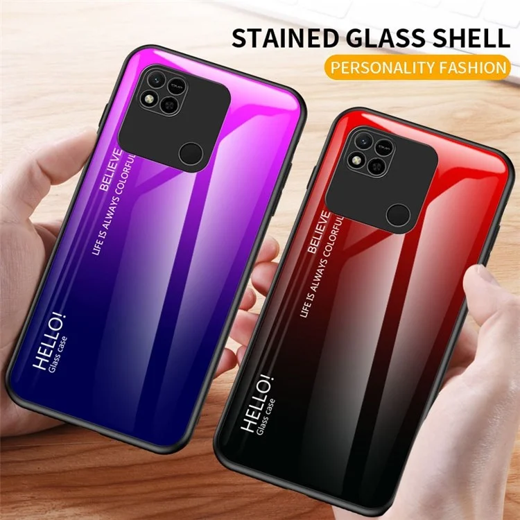 Pour Xiaomi Redmi 10A Gradient Color Tempered Glass Case Hard PC Soft TPU Frame Scratch-Resistant Cover Shell - Black