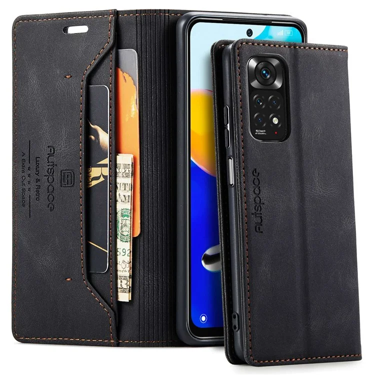 AUTSPACE A01 Serie Para Xiaomi Redmi Note 11 4G (Qualcomm)/Note 11S 4G RFID Bloqueo de Cáscara de Cierre Magnético, Cuero de PU Esbele Vintage + TPU Flip Cover Willet Case - Negro