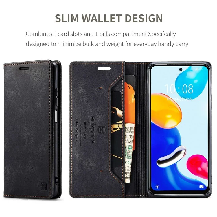 AUTSPACE A01 Serie Para Xiaomi Redmi Note 11 4G (Qualcomm)/Note 11S 4G RFID Bloqueo de Cáscara de Cierre Magnético, Cuero de PU Esbele Vintage + TPU Flip Cover Willet Case - Negro