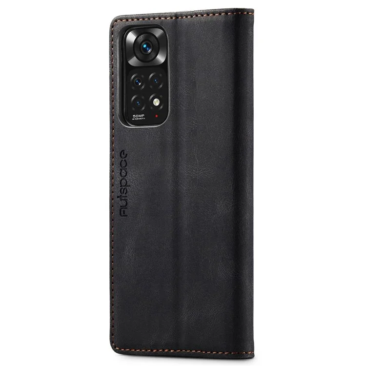 AUTSPACE A01 Serie Para Xiaomi Redmi Note 11 4G (Qualcomm)/Note 11S 4G RFID Bloqueo de Cáscara de Cierre Magnético, Cuero de PU Esbele Vintage + TPU Flip Cover Willet Case - Negro