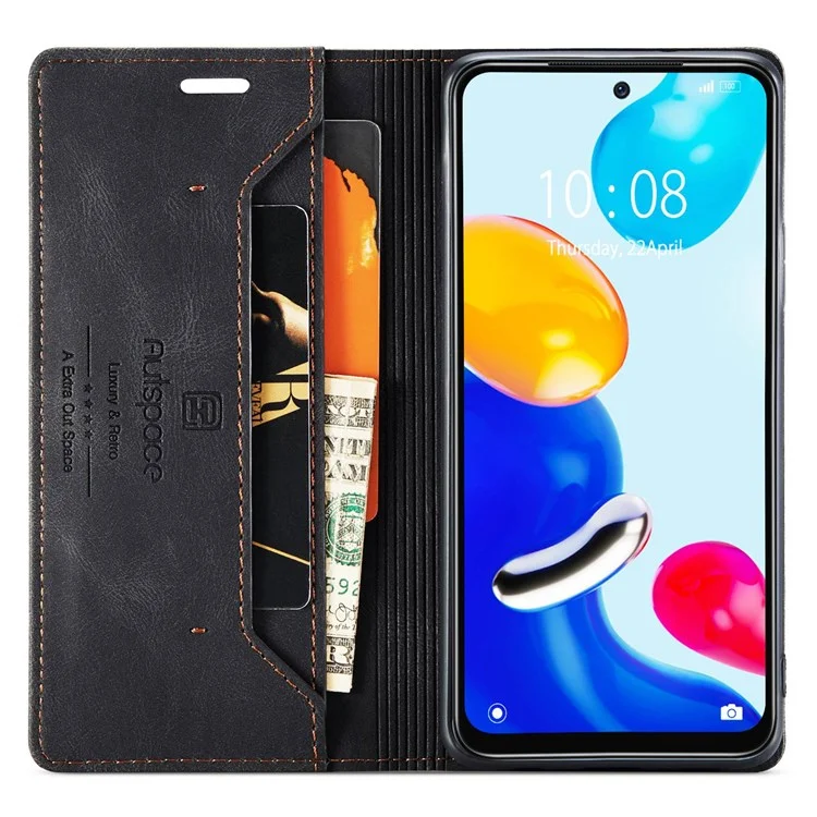 AUTSPACE A01 Serie Para Xiaomi Redmi Note 11 4G (Qualcomm)/Note 11S 4G RFID Bloqueo de Cáscara de Cierre Magnético, Cuero de PU Esbele Vintage + TPU Flip Cover Willet Case - Negro