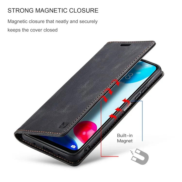 AUTSPACE A01 Serie Para Xiaomi Redmi Note 11 4G (Qualcomm)/Note 11S 4G RFID Bloqueo de Cáscara de Cierre Magnético, Cuero de PU Esbele Vintage + TPU Flip Cover Willet Case - Negro