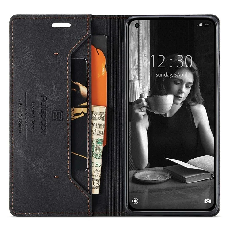 AUTSPACE A01 Series for Xiaomi Mi 11 Lite 4G/5G/11 Lite 5G NE Full Coverage RFID Blocking Magnetic Closure Shell, Retro Matte PU Leather + TPU Wallet Stand Flip Cover - Black