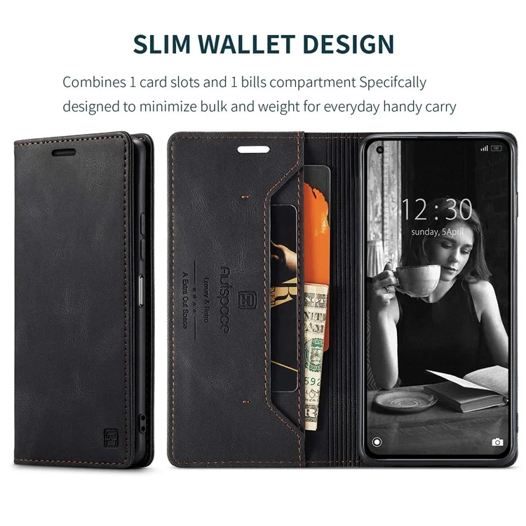 AUTSPACE A01 Series for Xiaomi Mi 11 Lite 4G/5G/11 Lite 5G NE Full Coverage RFID Blocking Magnetic Closure Shell, Retro Matte PU Leather + TPU Wallet Stand Flip Cover - Black