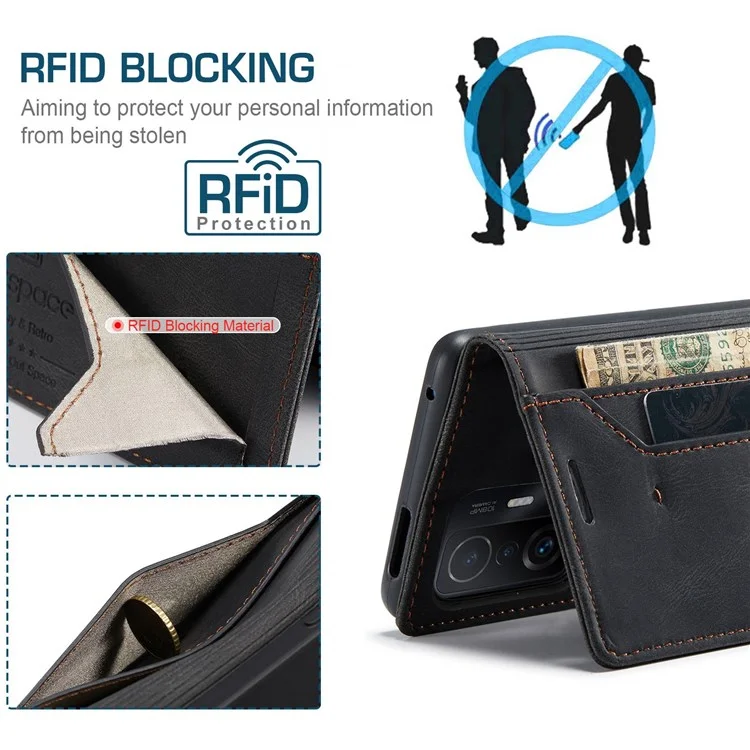 AUTSPACE A01 Serie per Xiaomi 11T/11T Pro Custodia in Pelle PU Blocco RFID Portafoglio Vintage con Supporto Flip Cover - Nero