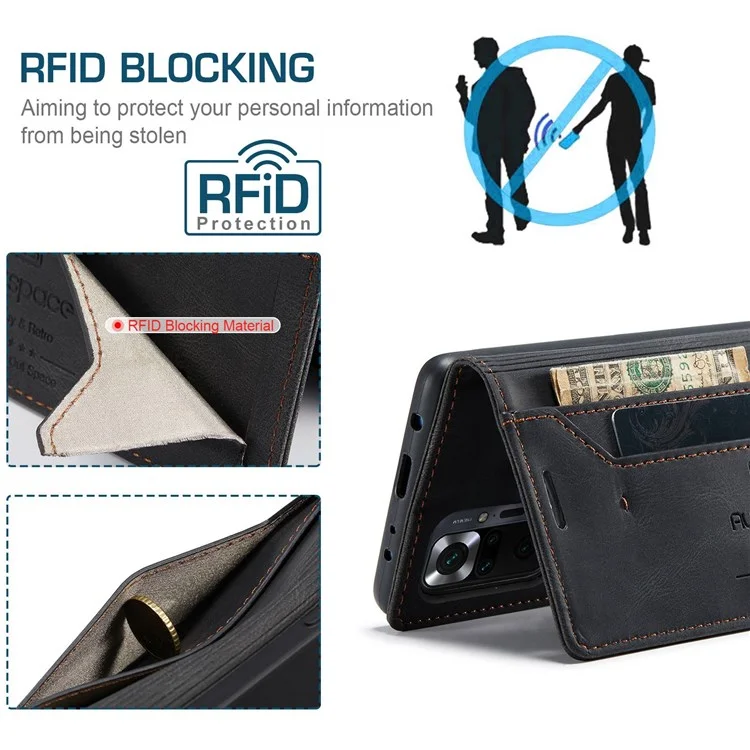 AUTSPACE A01 Serie für Xiaomi Redmi Note 10 Pro 4G (Indien)/(Global)/Note 10 Pro Max Ledertasche RFID-blockierende Brieftasche Ständer Klapphülle - Schwarz