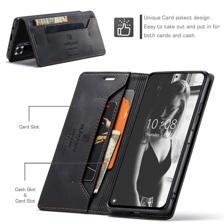 AUTSPACE A01 Serie für Xiaomi Redmi Note 10 Pro 4G (Indien)/(Global)/Note 10 Pro Max Ledertasche RFID-blockierende Brieftasche Ständer Klapphülle - Schwarz