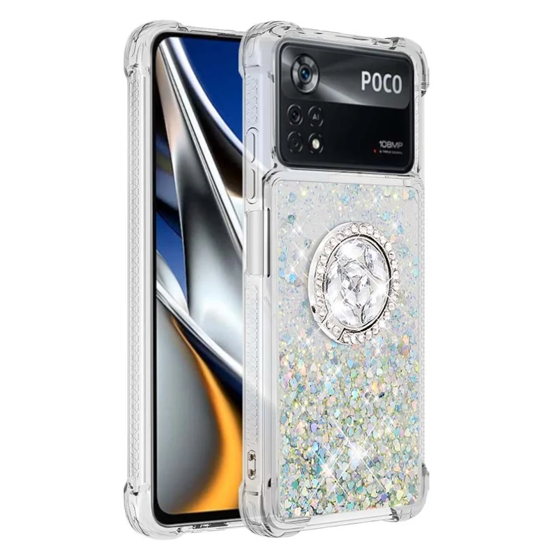YB Quicksand Series-7 for Xiaomi Poco X4 Pro 5G Moving Glitter Liquid Quicksand TPU Phone Case Shell with Ring Holder Kickstand - Silver/Hearts