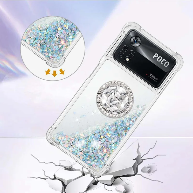 YB Quicksand Series-7 for Xiaomi Poco X4 Pro 5G Moving Glitter Liquid Quicksand TPU Phone Case Shell with Ring Holder Kickstand - Silver/Hearts