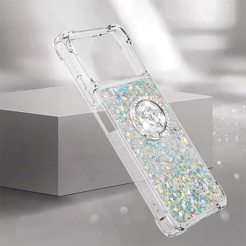 YB Quicksand Series-7 for Xiaomi Poco X4 Pro 5G Moving Glitter Liquid Quicksand TPU Phone Case Shell with Ring Holder Kickstand - Silver/Hearts