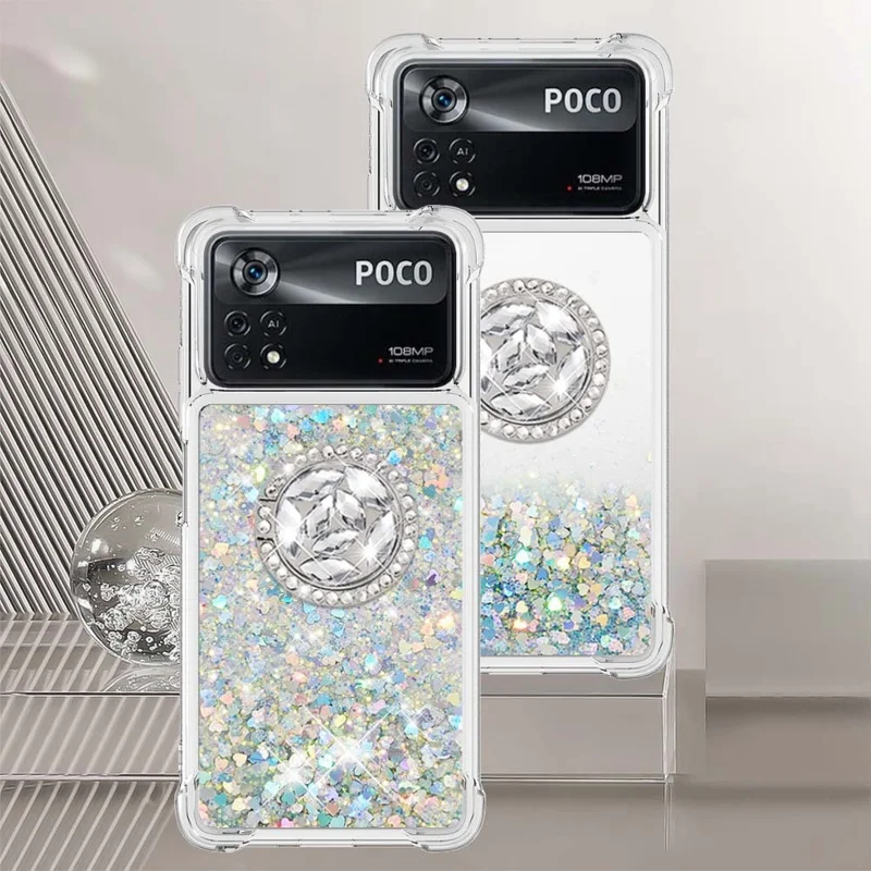 YB Quicksand Series-7 for Xiaomi Poco X4 Pro 5G Moving Glitter Liquid Quicksand TPU Phone Case Shell with Ring Holder Kickstand - Silver/Hearts