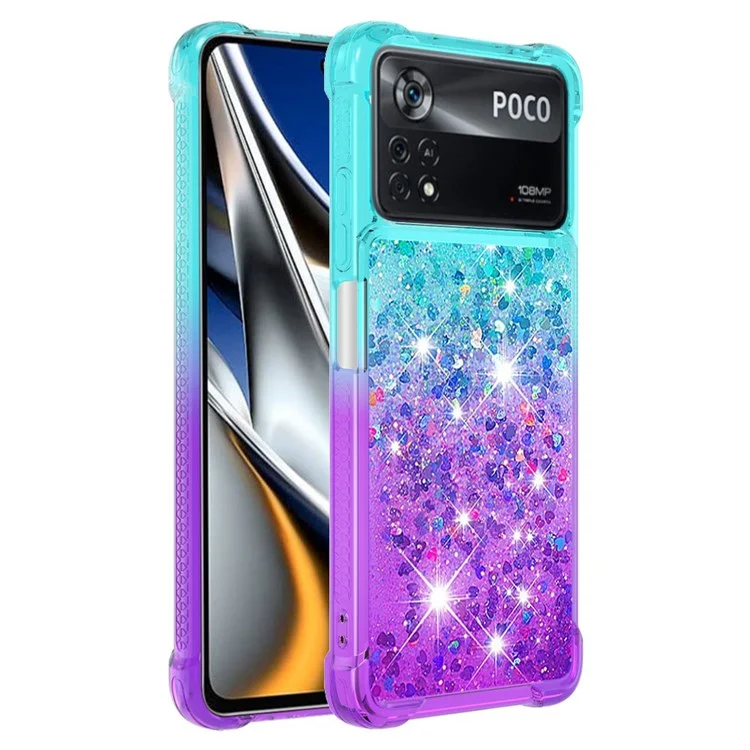 YB Quicksand Series-3 für Xiaomi Poco X4 Pro 5G Liquid Glitter Case Clear Gradient Sparkle Flowing Quicksand TPU-Slim-Handyhülle - Himmelblau/Lila