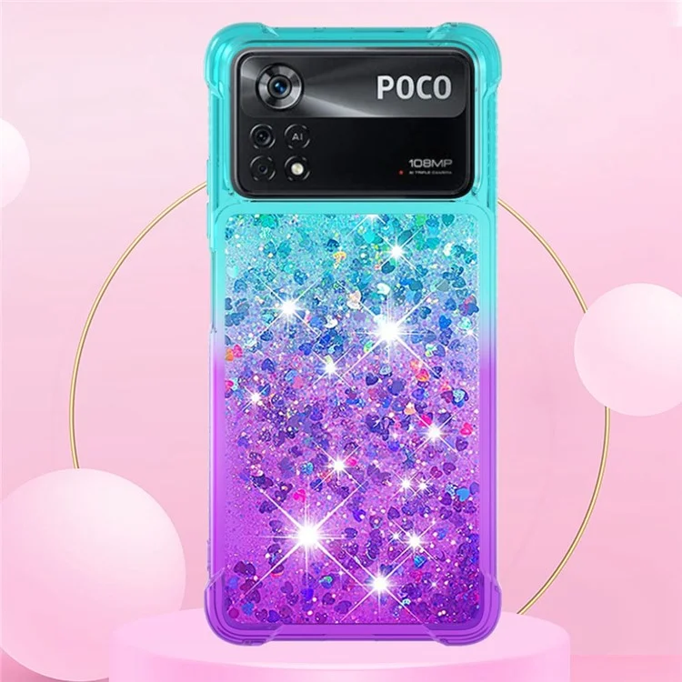 YB Quicksand Series-3 für Xiaomi Poco X4 Pro 5G Liquid Glitter Case Clear Gradient Sparkle Flowing Quicksand TPU-Slim-Handyhülle - Himmelblau/Lila