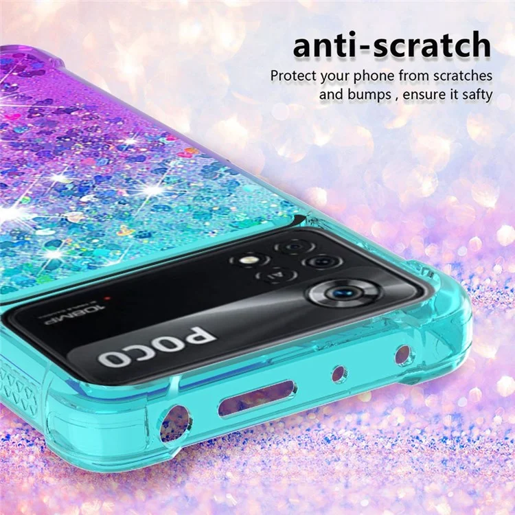 YB Quicksand Series-3 für Xiaomi Poco X4 Pro 5G Liquid Glitter Case Clear Gradient Sparkle Flowing Quicksand TPU-Slim-Handyhülle - Himmelblau/Lila