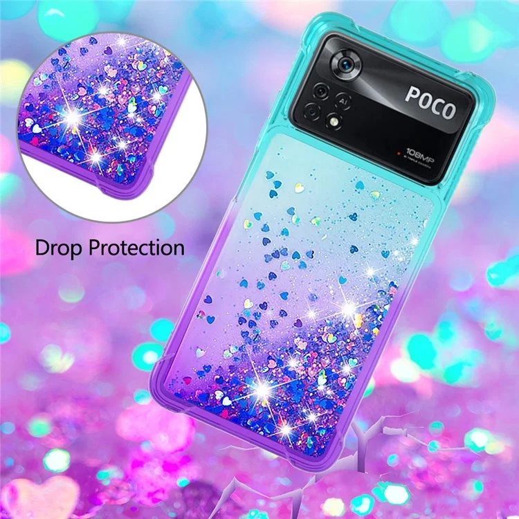 YB Quicksand Series-3 für Xiaomi Poco X4 Pro 5G Liquid Glitter Case Clear Gradient Sparkle Flowing Quicksand TPU-Slim-Handyhülle - Himmelblau/Lila