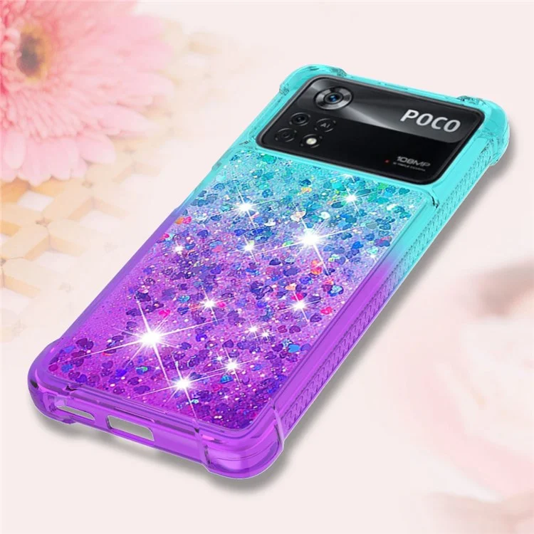YB Quicksand Series-3 für Xiaomi Poco X4 Pro 5G Liquid Glitter Case Clear Gradient Sparkle Flowing Quicksand TPU-Slim-Handyhülle - Himmelblau/Lila