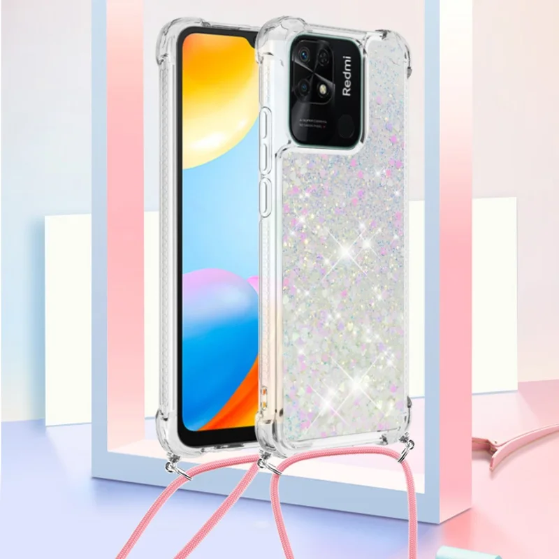 Funda TPU para Xiaomi Redmi 10C 4G, diseño de arena movediza con cordón colgante - láser/corazones
