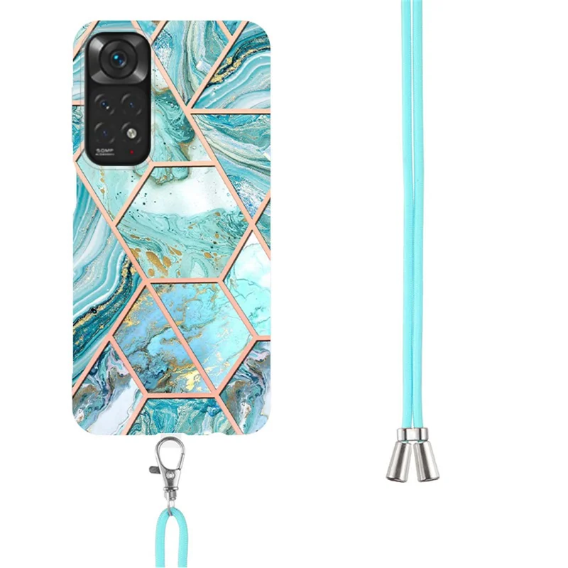 For Xiaomi Redmi Note 11 4G (Qualcomm) / Note 11S 4G Case with Long Strap Splicing IMD Marble Pattern TPU Back Cover - Blue