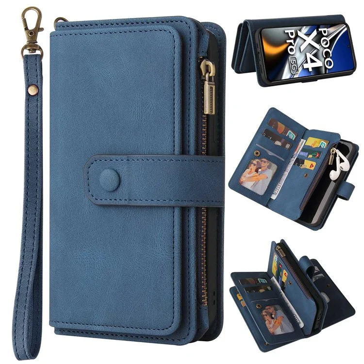 For Xiaomi Poco X4 Pro 5G Zipper Wallet Case with 15 Card Slots and Strap Leather Phone Cover - Blue