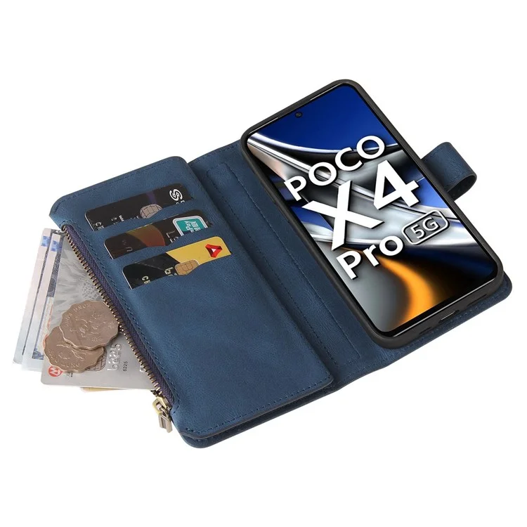 For Xiaomi Poco X4 Pro 5G Zipper Wallet Case with 15 Card Slots and Strap Leather Phone Cover - Blue