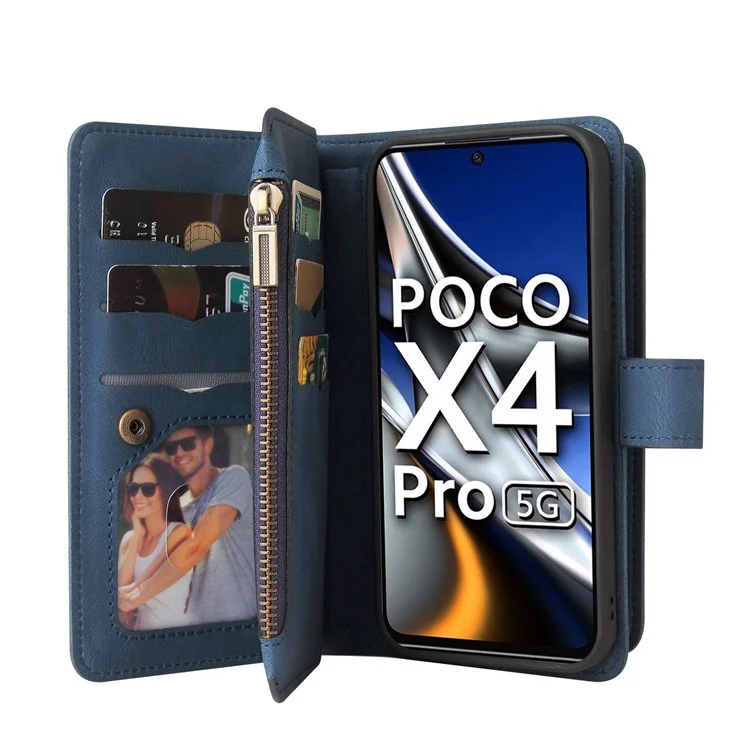For Xiaomi Poco X4 Pro 5G Zipper Wallet Case with 15 Card Slots and Strap Leather Phone Cover - Blue