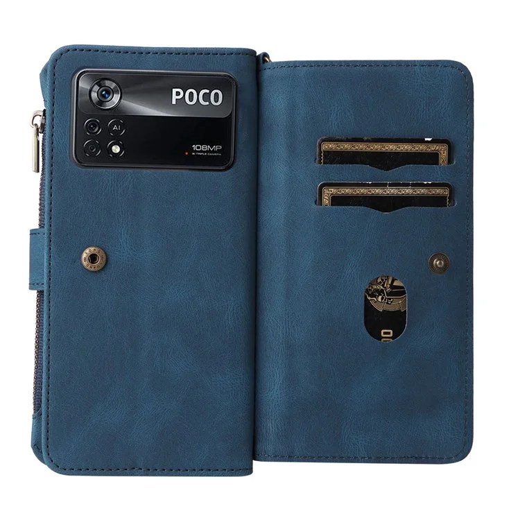 For Xiaomi Poco X4 Pro 5G Zipper Wallet Case with 15 Card Slots and Strap Leather Phone Cover - Blue