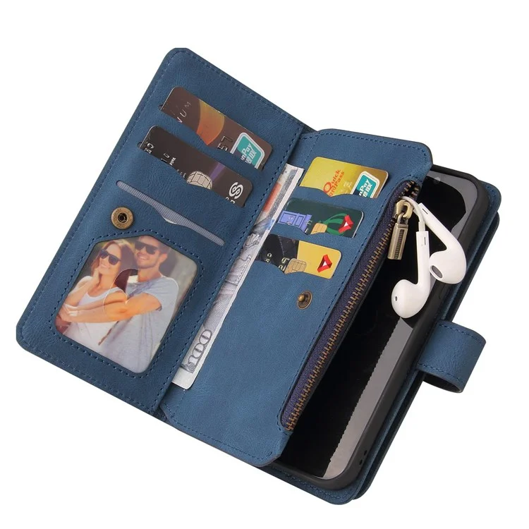 For Xiaomi Poco X4 Pro 5G Zipper Wallet Case with 15 Card Slots and Strap Leather Phone Cover - Blue